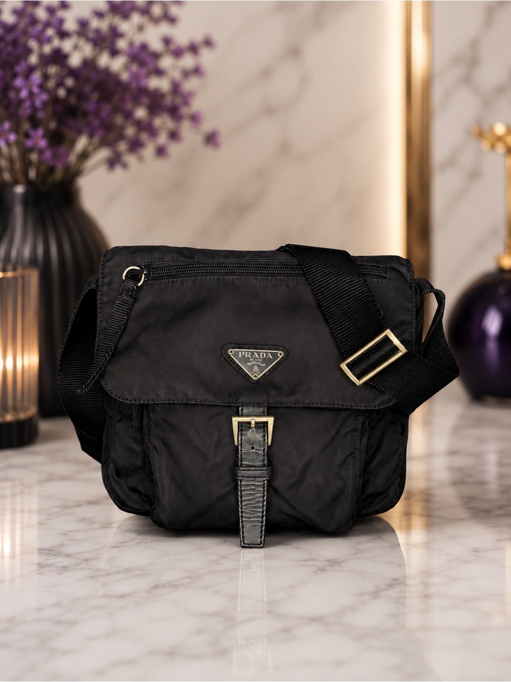 Prada Black Tessuto Nylon Crossbody Bag | Messenger Shoulder Bag | Vintage Y2K